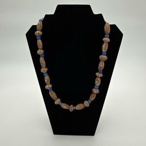 Vintage 24”  Hand Carved Brown Bead Necklace Tribal Style Blue Spacer Boho State